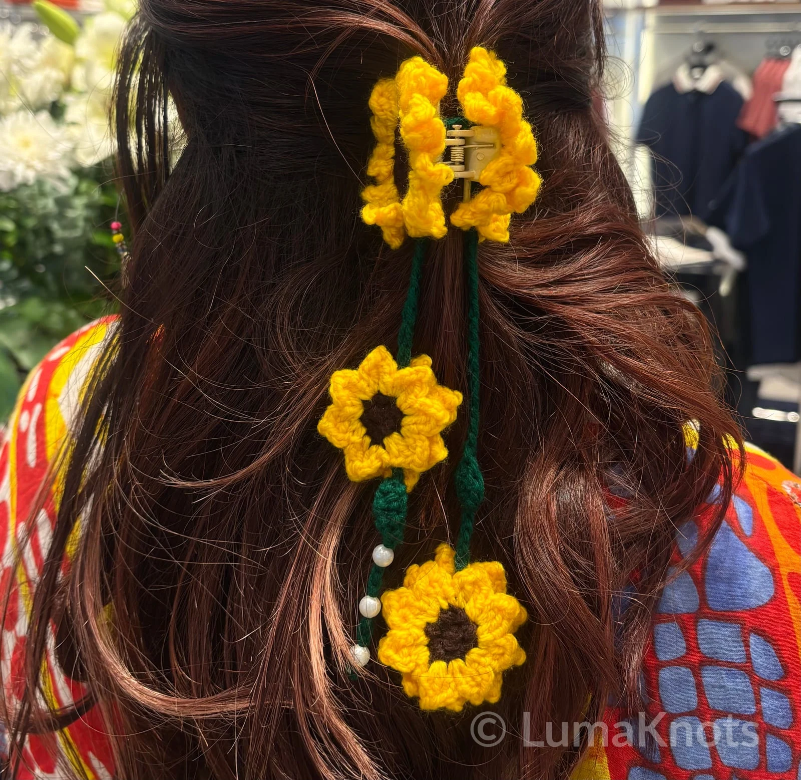Handmade Crochet Sunflower Hair Claw Clip with Dangling Flowers